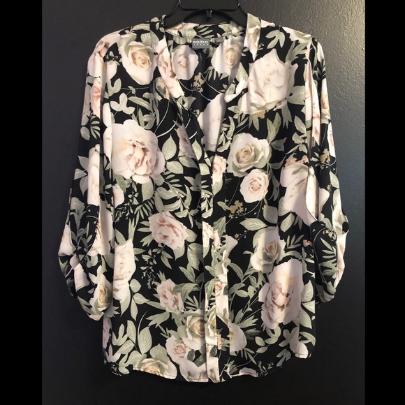 New York & Company Tops - NY&Co Black Floral Button-Front Blouse with Cream Roses